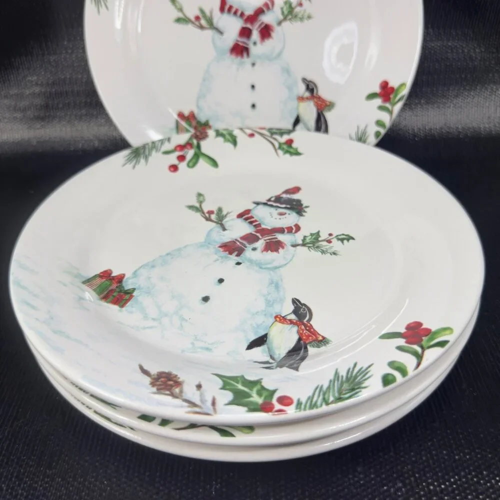 PIER 1 Winter Wonders Ironstone Plate Dish Set 4 Snowman Penguin Christmas 9inch